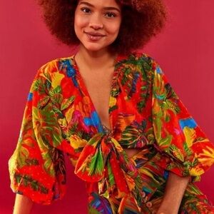 FARM Rio NWT Urban Jungle Colorful  Print Tie-Front Blouse.